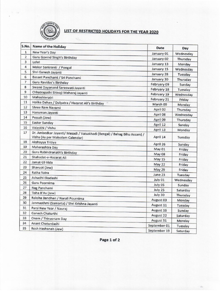 List of Restricted Holidays For 2020