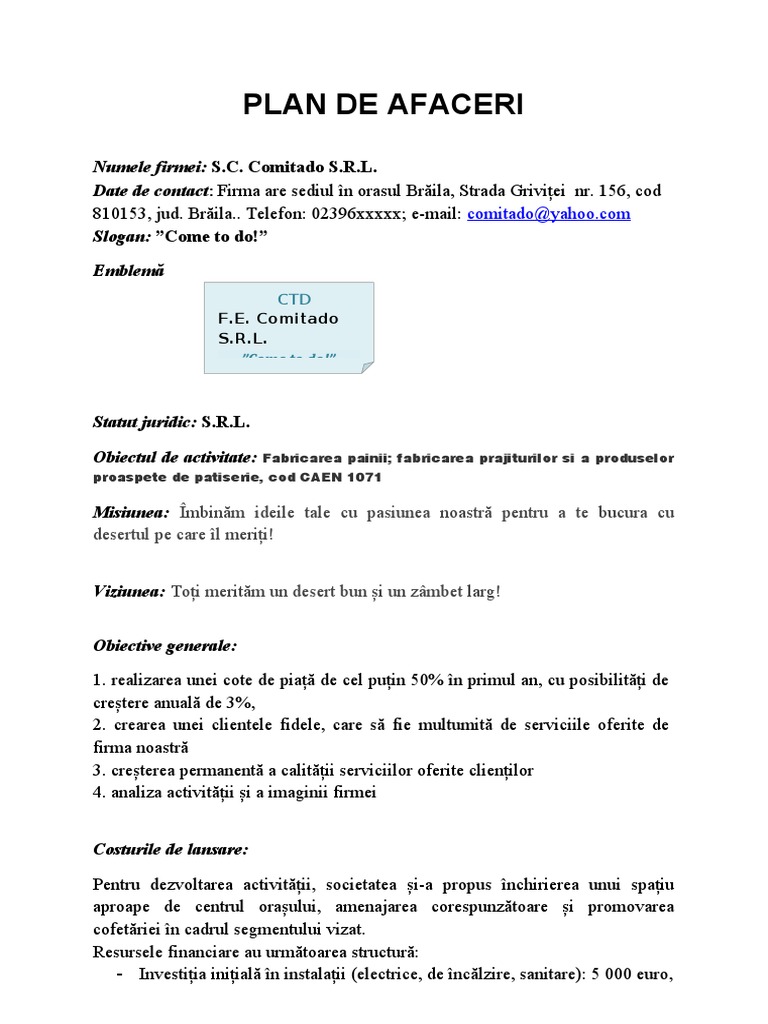 PLAN DE AFACERI Cofetarie PDF