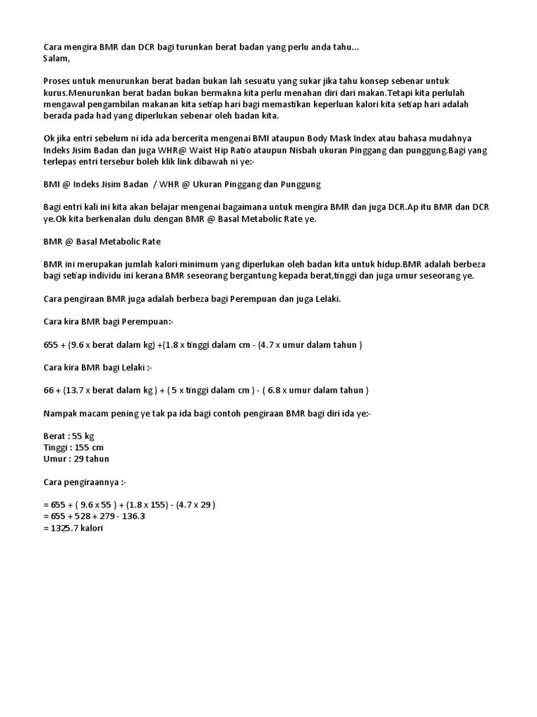 Cara Mengira Bmr Dan Dcr Bagi Turunkan Berat Badan Yang Perlu Anda Tahu Pdf