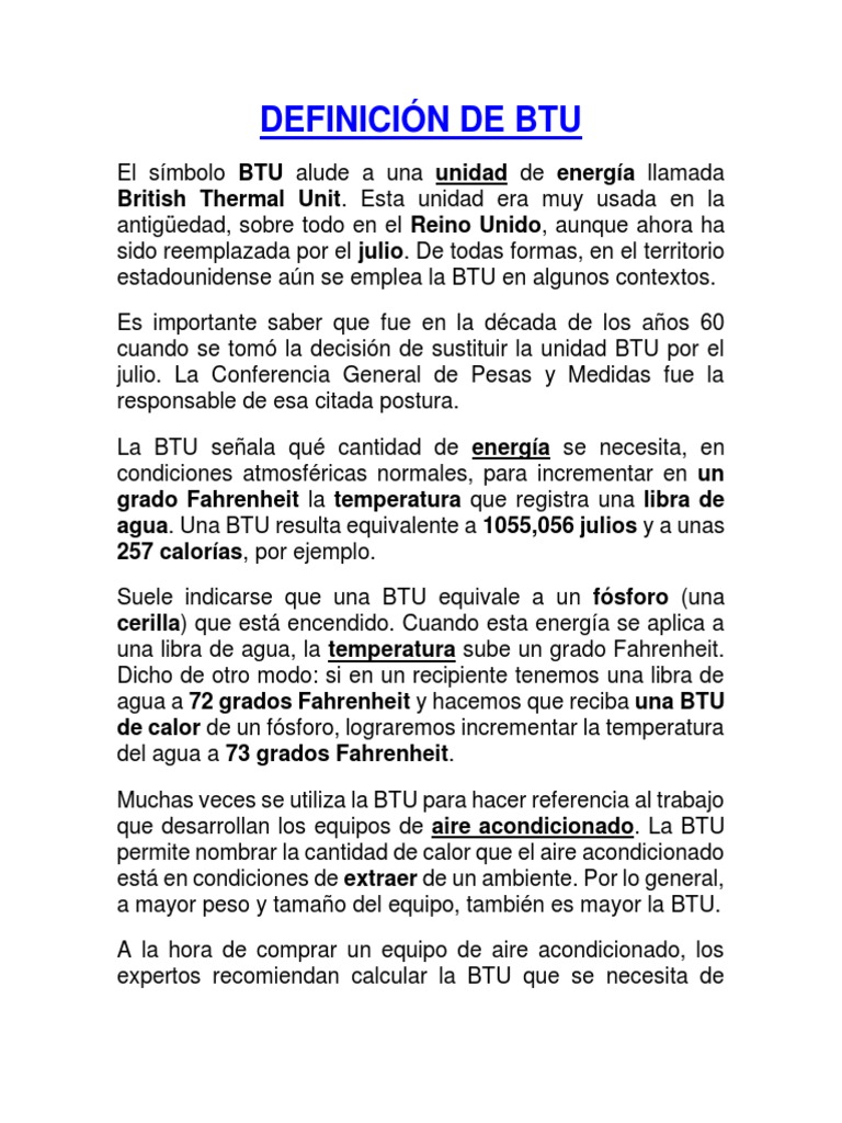 Definición De Btu Pdf Unidad Térmica Británica Temperatura