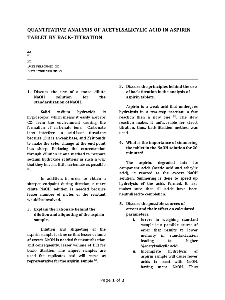 Quantitative Analysis of Acetylsalicylic Acid in Aspirin Tablet by Back