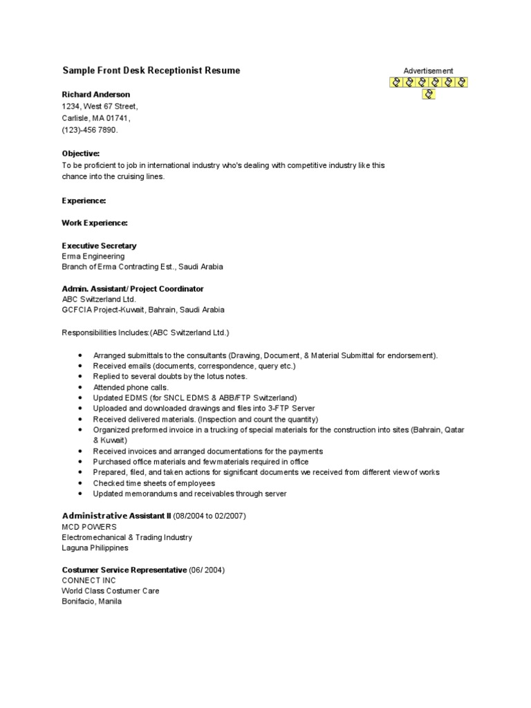 Sample Front Desk Receptionist Resume Human Resource Management