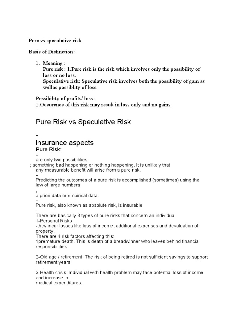 Pure Vs Speculative Risk Download Free PDF Moral Hazard Insurance