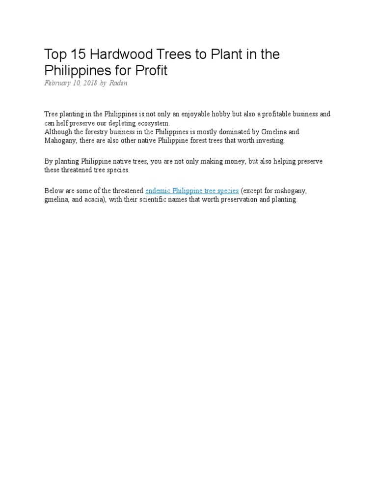 Top 15 Hardwood Trees To Plant in The Philippines For Profit PDF