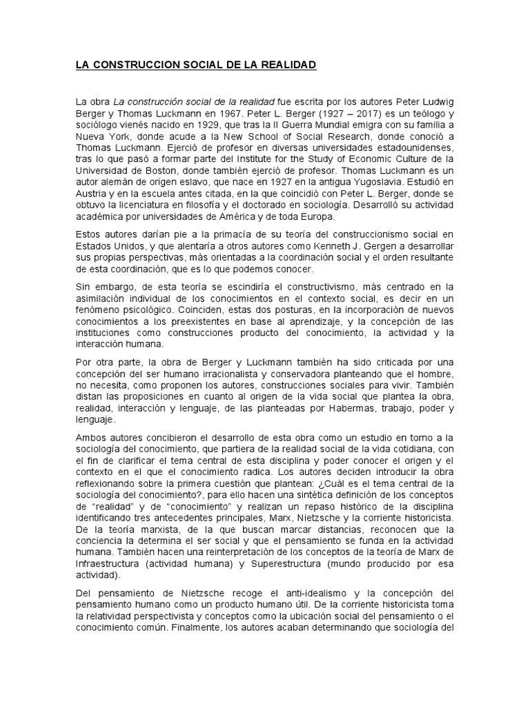 La Construcción Social de la Realidad | PDF | Psique (psicología ...
