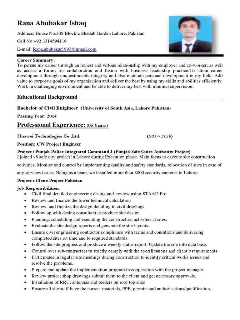 Civil Engineer CV of Rana Abubakar | PDF | Specification (Technical ...