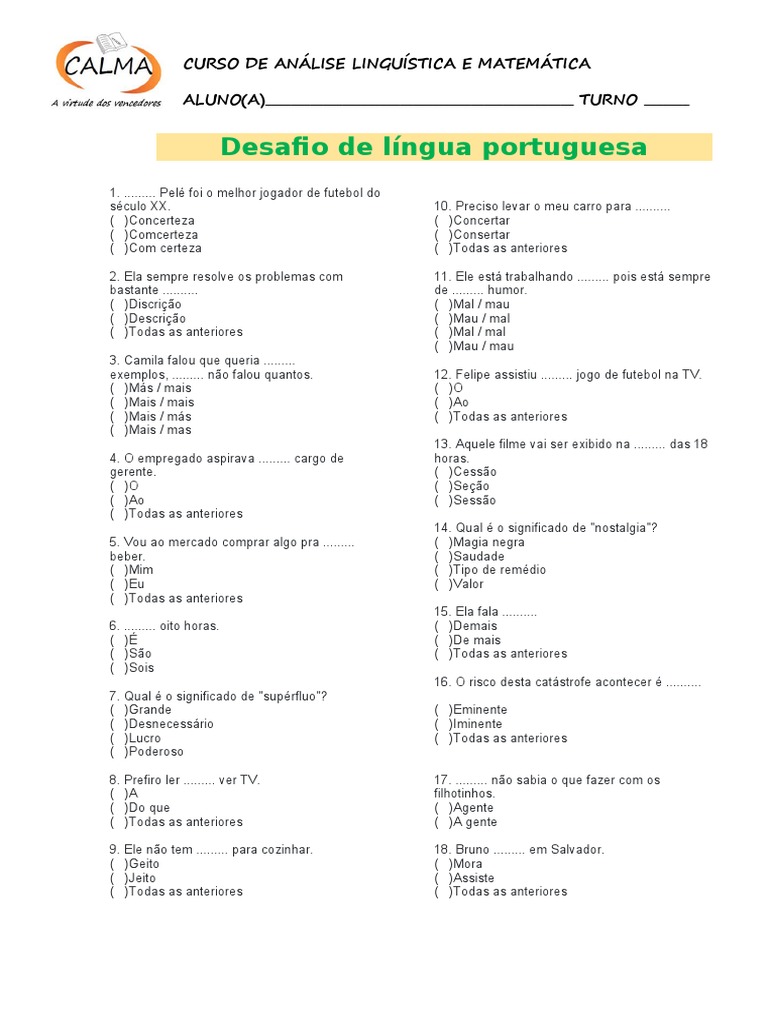 Desafio de Língua Portuguesa | PDF