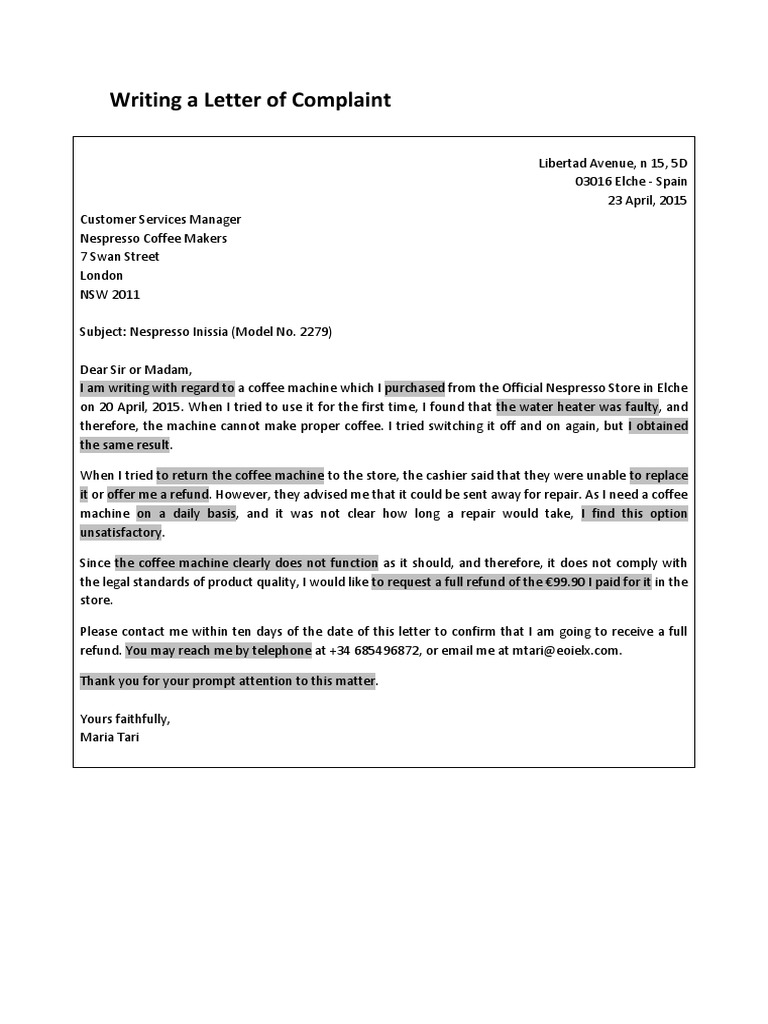 Nespresso Machine Complaint Letter | PDF