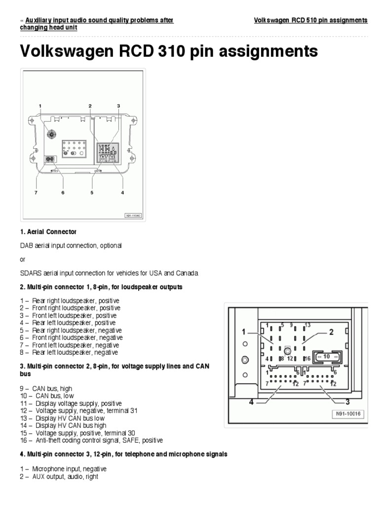 Volkswagen RCD 310 Pin Assignments | PDF | Microphone | Amplifier