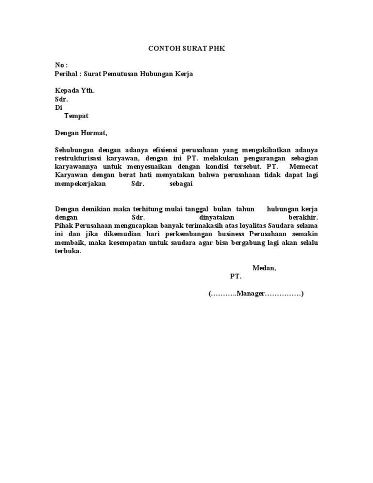 Contoh Surat Pemberhentian Karyawan Secara Terhormat