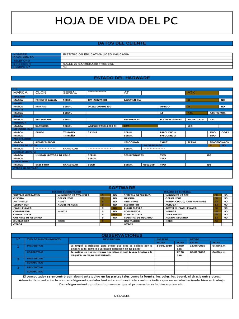 Hoja de Vida Del PC | PDF | Hardware de la computadora | Ingeniería ...