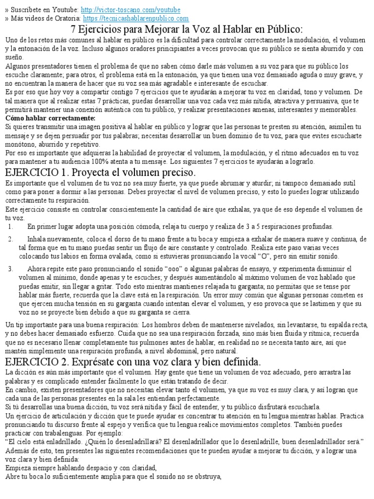 7 Ejercicios para Mejorar La Voz Al Hablar en Público | PDF ...