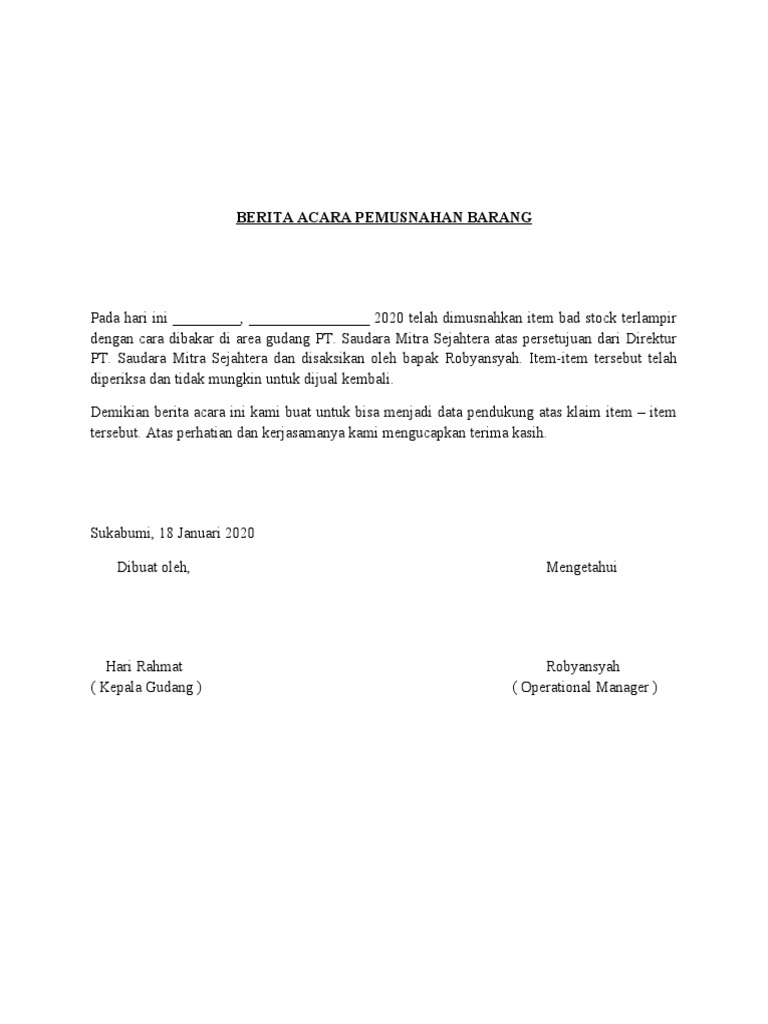 Berita Acara Pemusnahan Barang Bad Stock | PDF