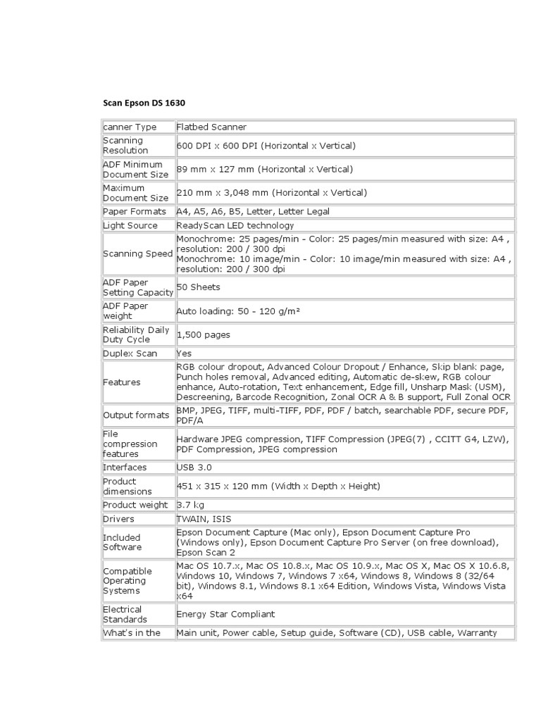 Epson DS 1630 Scanner Specifications | PDF | Image Scanner | Areas Of ...