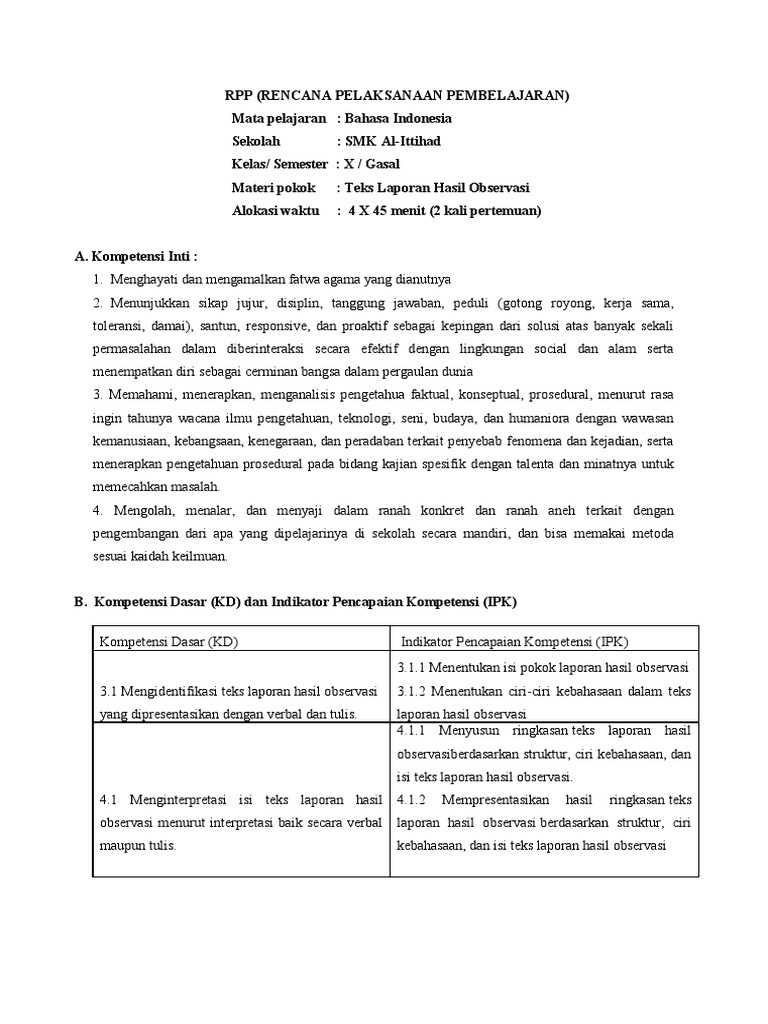 Rpp Kelas X Teks Observasi Kd 3 1 Dan 4 1