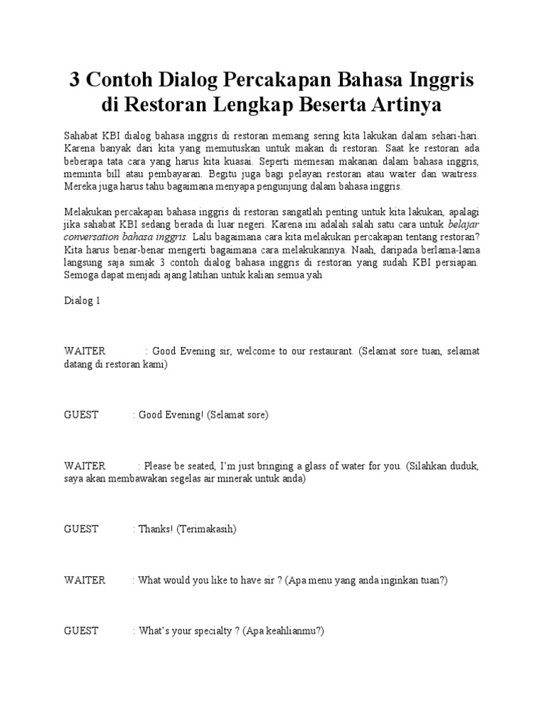 Dialog Bahasa Inggris di Restoran | PDF