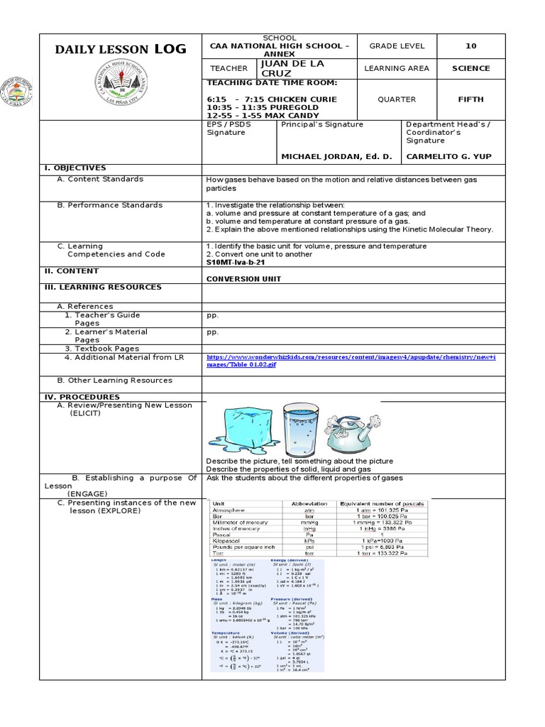 Science 10 Daily Lesson Log | PDF | Gases | Temperature