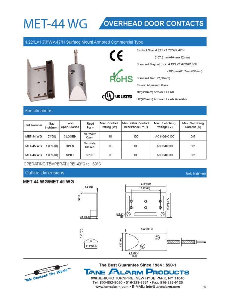 MET-44 WG Door Contact Specs | PDF | Switch | Electric Power