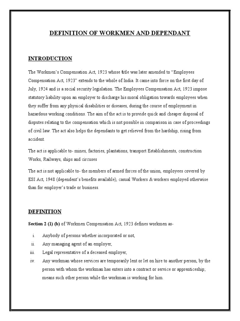 Definition of Workmen and Dependant PDF Workers' Compensation