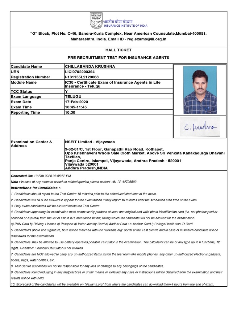 Hallticket For Ic 38 | PDF | Identity Document | Document