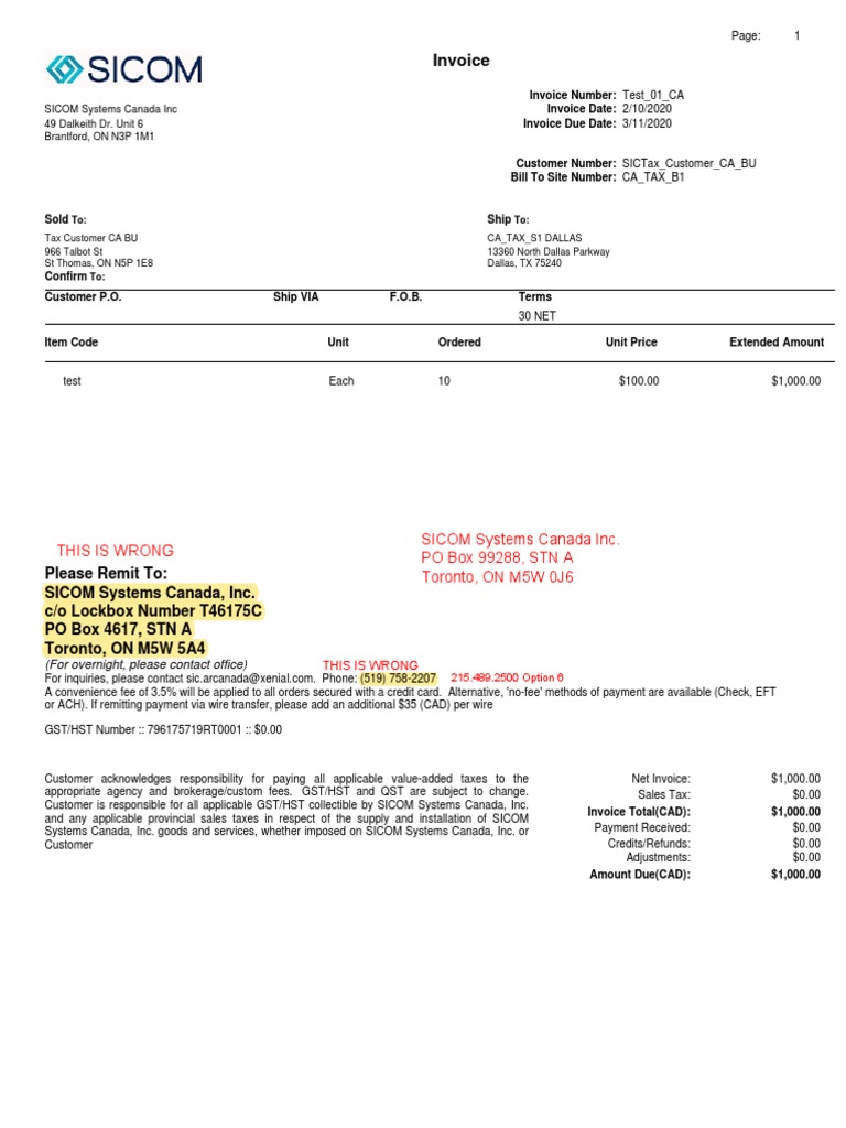 SICOM Canada Invoice with GST/HST Details | PDF | Invoice | Taxes