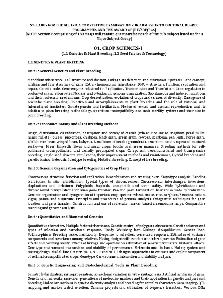 Syllabus Aice Jrf Srf Pgs 2019 1 Pdf Pdf Plant Breeding Metabolism