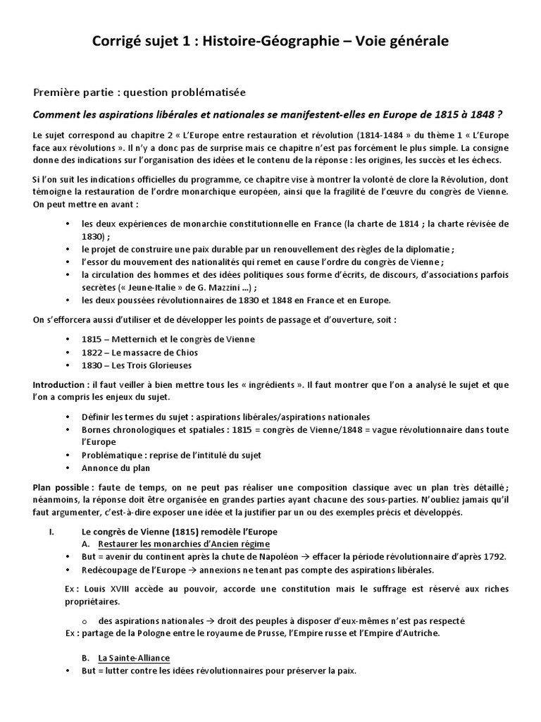L europe Face Aux Révolutions 1ere Fiche De Revision Correction Histoire Geo Voie G Sujet1 | PDF | Révolutions | Gouvernement