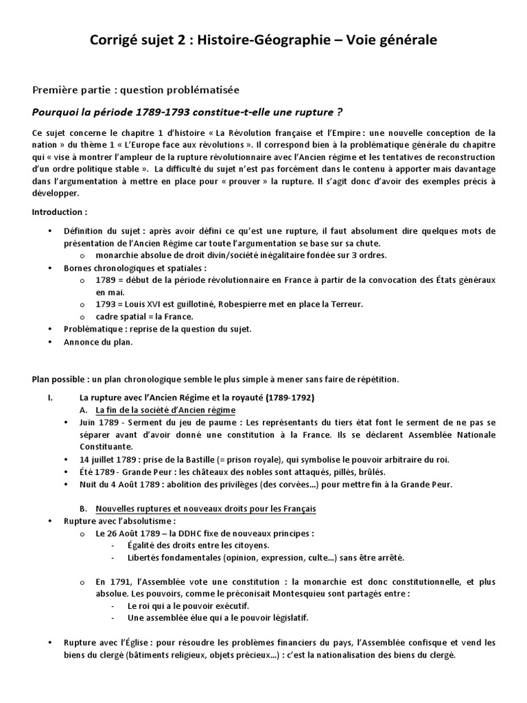 Question Problématisée Sur La Révolution Française Correction Histoire Geo Voie G Sujet2 | PDF | Règne de la terreur |  Gouvernement