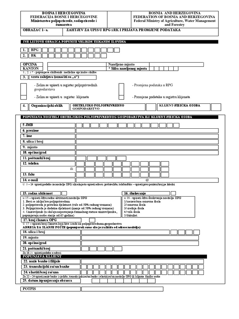 Obrasci Za Upis U Registar Poljoprivrednih Gazdinstava I Klijenata PDF ...