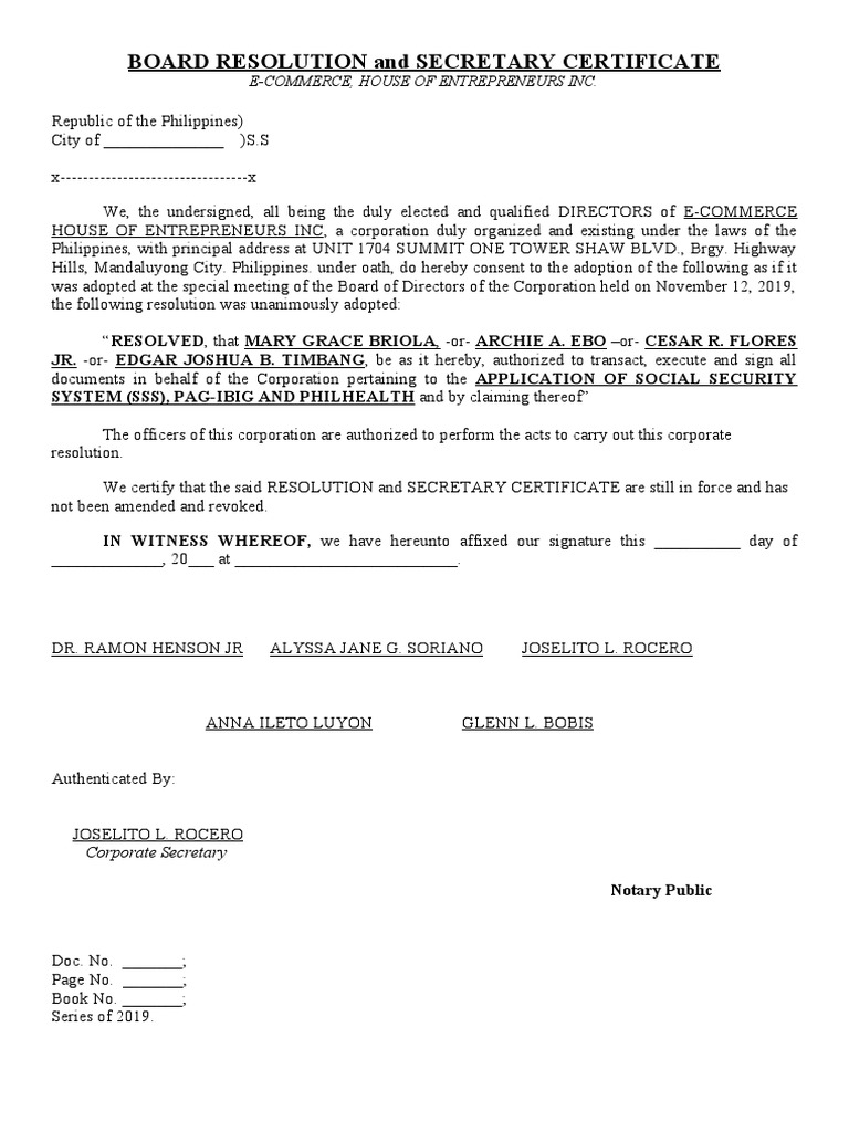 HOE BOARD RESOLUTION AND SECRETARY CERTIFICATE SSS and Other ...