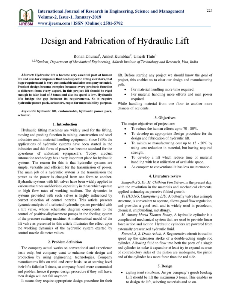 Design and Fabrication of Hydraulic Lift | PDF | Elevator | Valve