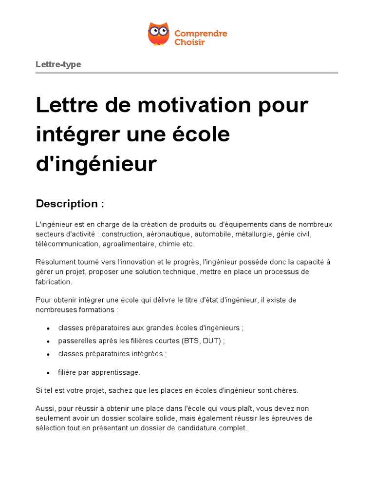 Lettre de motivation pour école d'ingénieur PDF Ingénieur — free download