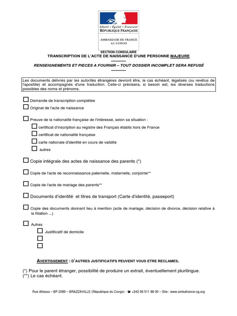 Acte De Naissance Copie Intégrale Algérie Pdf Demande de Transcription Personne Majeure PDF | PDF | Certificat de  naissance | Informations gouvernementales