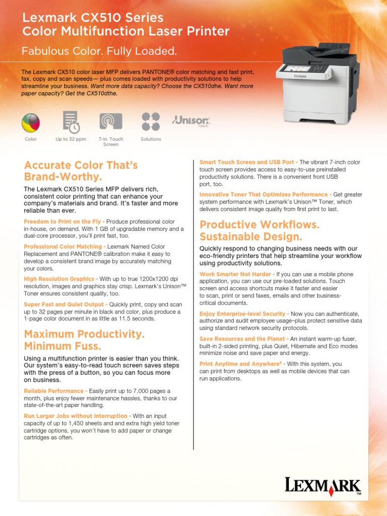 Lexmark CX510 Series Spec Sheet PDF PDF Printer Image