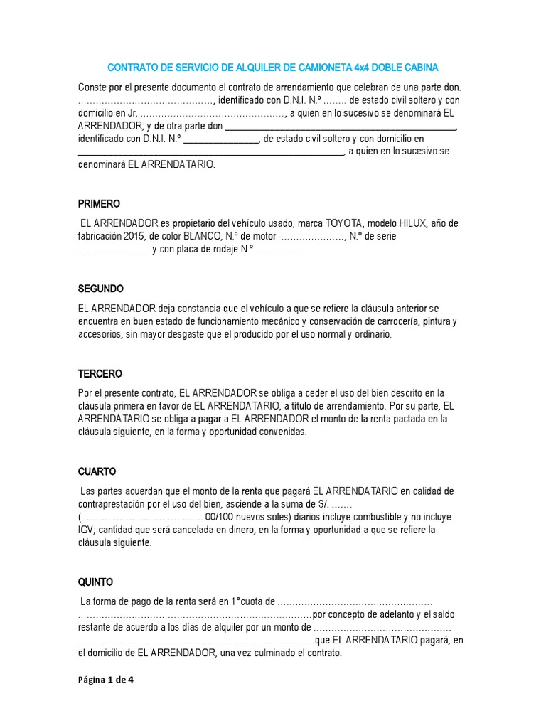 CONTRATO DE SERVICIO DE ALQUILER DE 4x4 DOBLE CABINA por