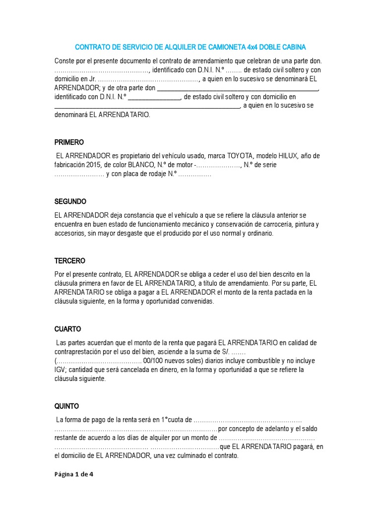 Contrato De Servicio De Alquiler De Camioneta 4x4 Doble Cabina Por