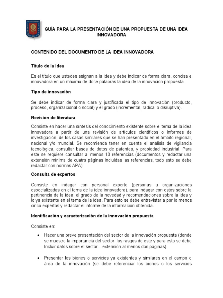 cráter Abundancia probable Guía para Una Propuesta de Idea Innovadora | PDF | Innovación | Business