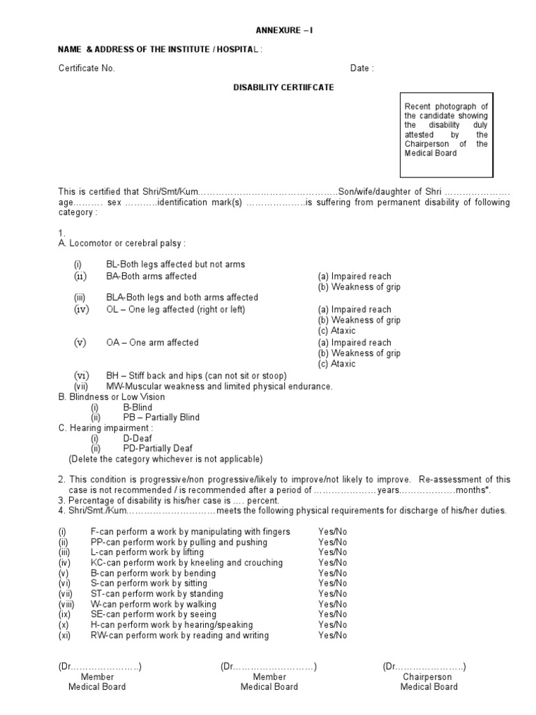 Disability Certificate Format PDF Visual Impairment Disability