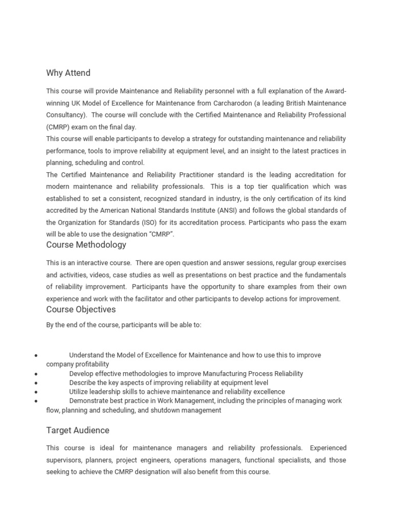 Certified Maintenance And Reliability Professional Training Course
