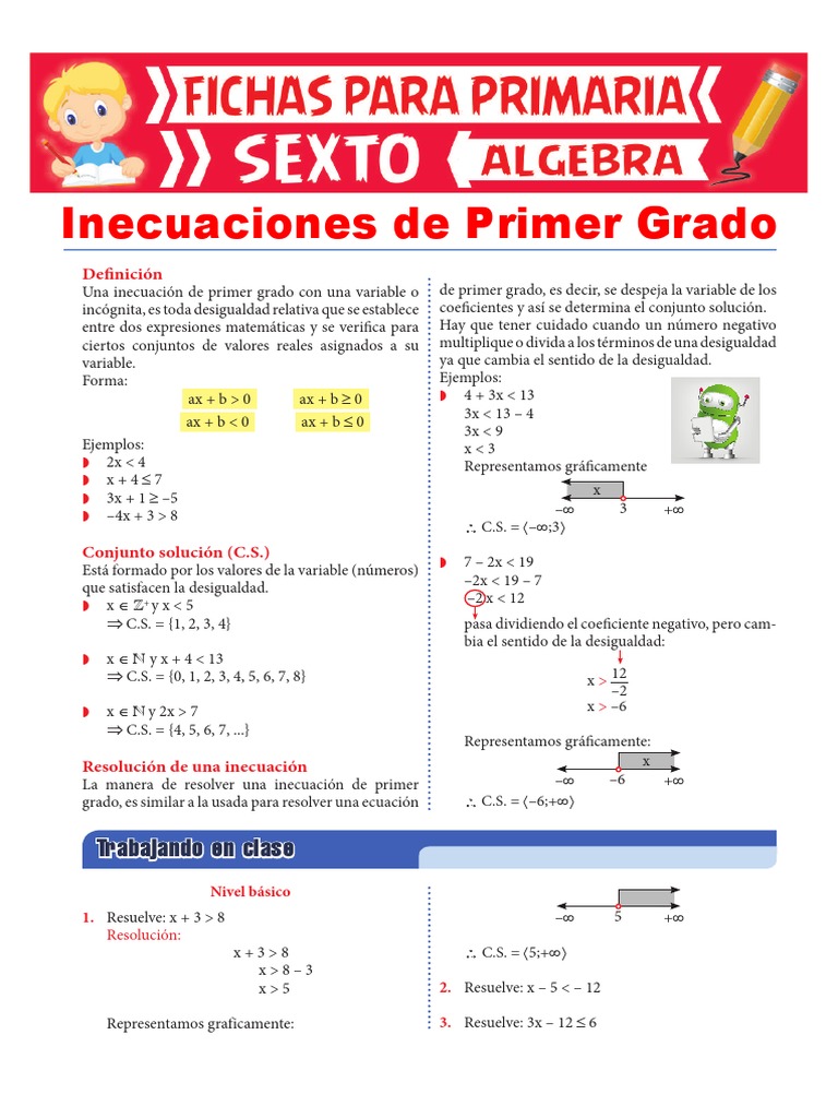 Inecuaciones de Primer Grado para Sexto de Primaria | PDF | Desigualdad  (Matemáticas) | Objetos matemáticos, image size:768x1024