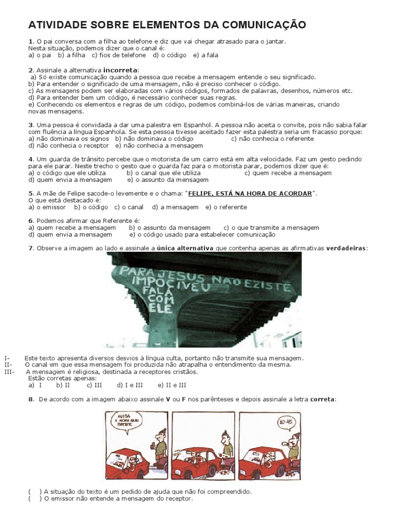 Exercícios Sobre Elementos Da Comunicação | PDF | Comunicação | Linguística