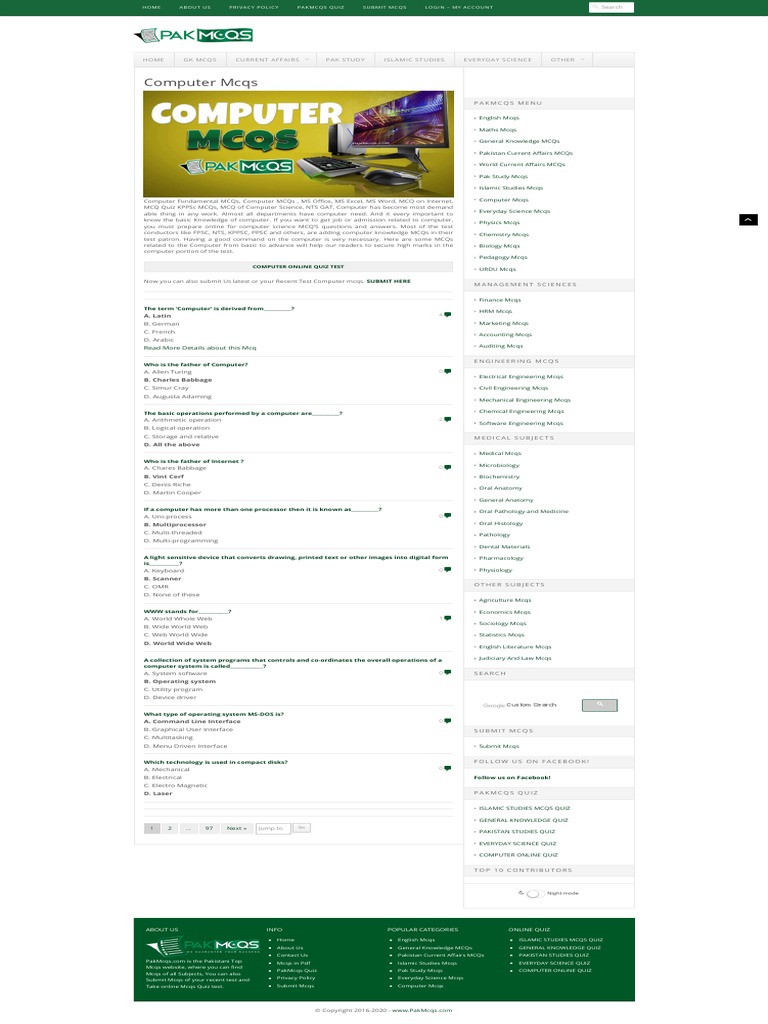 Computer Mcqs From Basic To Advance - 1 PDF | PDF | Multiple Choice ...