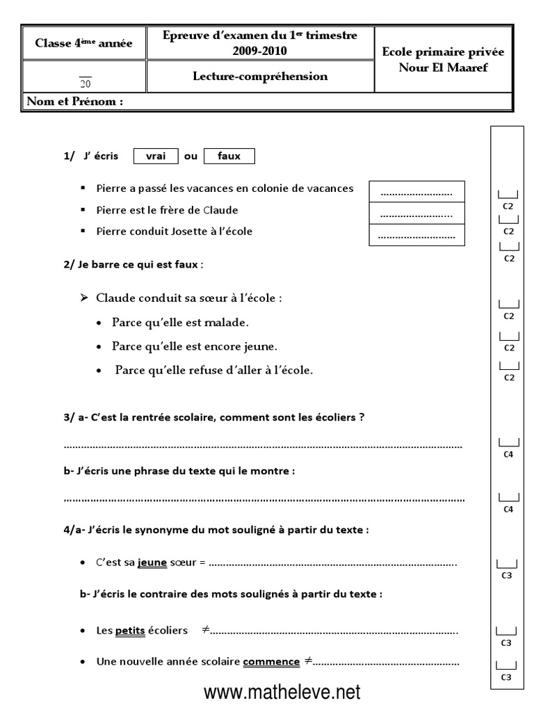 Texte Sur La Rentrée Scolaire Pdf Epreuve N°02 | PDF