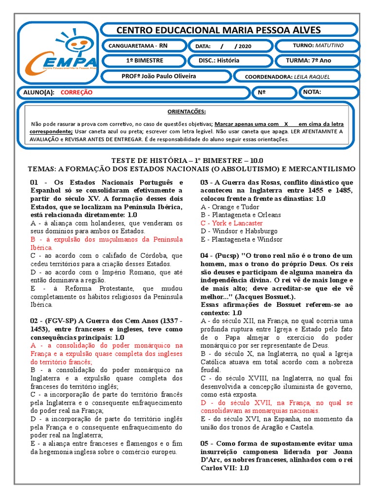 Exercicios Formação Dos Estados Nacionais 7 Ano Com Gabarito