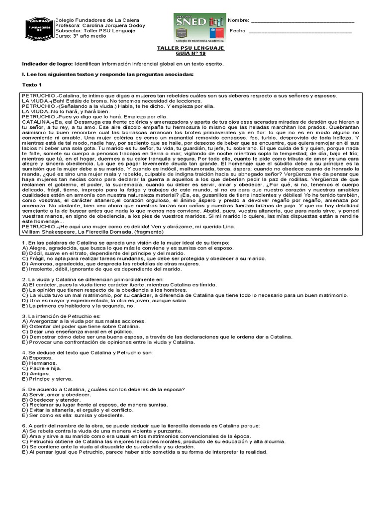 Guía Taller PSU Lenguaje 3 Medio 19 PDF La fierecilla domada  