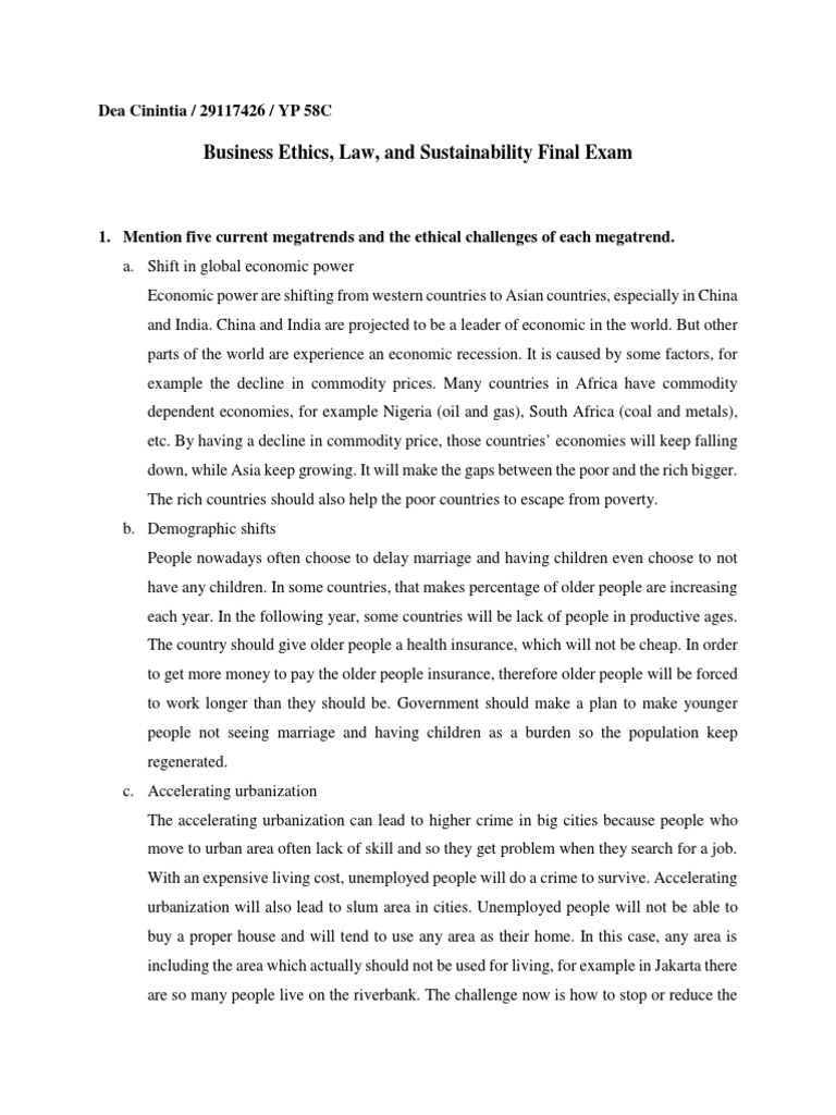 Final Exam Business Ethics PDF Choice Urbanization