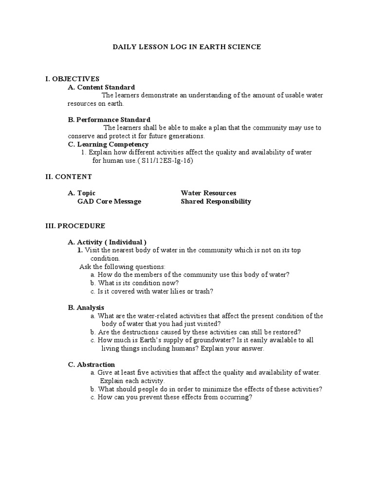 Water Resources Lesson Plan for Grade 11 | PDF | Water | Learning