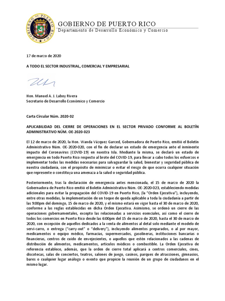 Carta circular Aplicabilidad del cierre de operaciones por COVID19