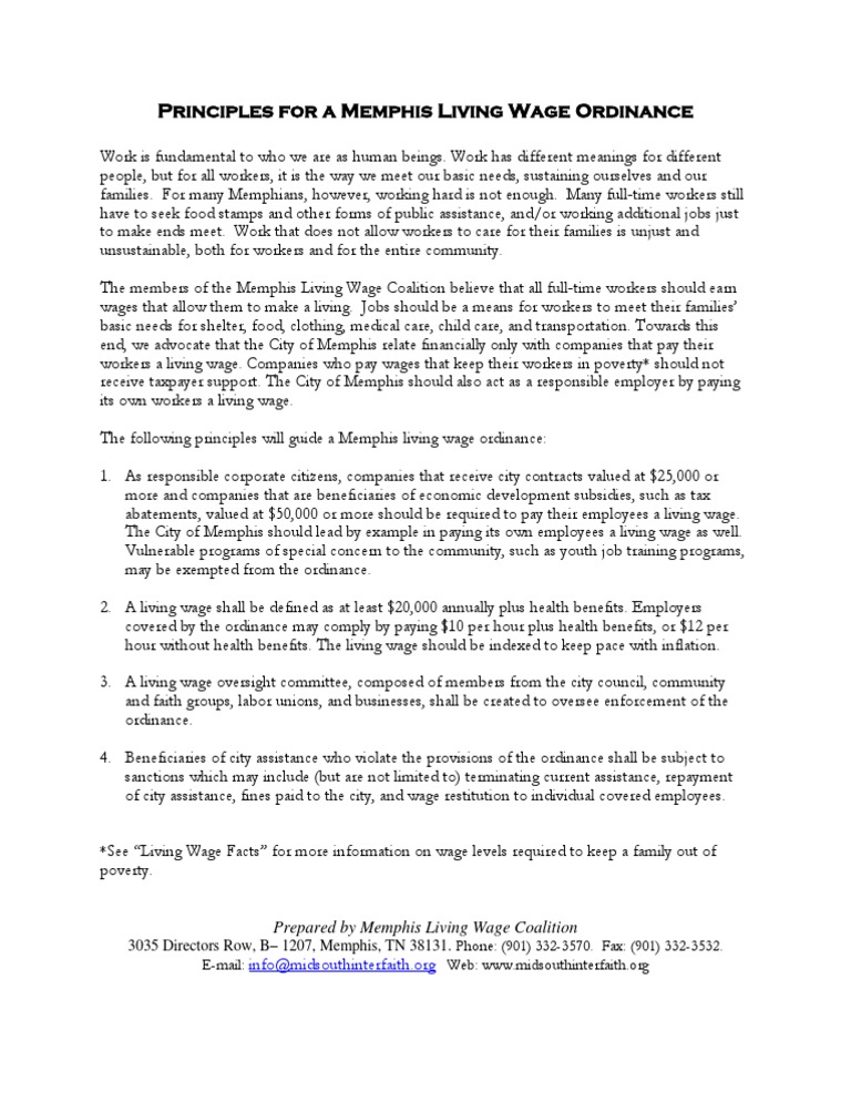 Sample Principles For A Living Wage Policy Us Living Wage