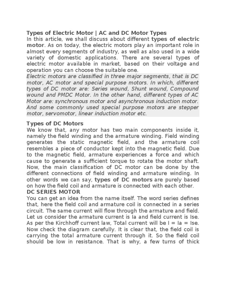 Types of Electric Motors Explained | PDF | Electric Motor | Alternating ...